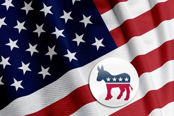 United States flag with Democratic Party donkey symbol.