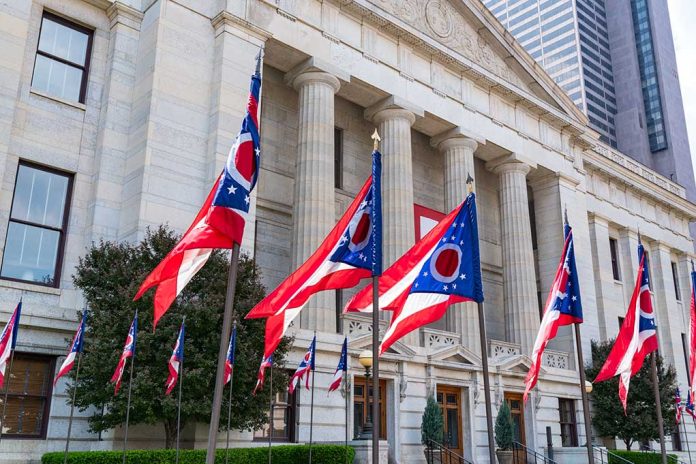 Ohio flags outside a government building.