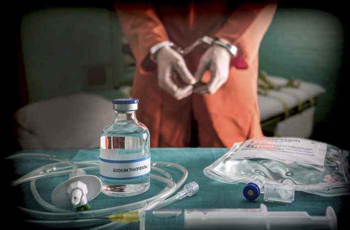 Handcuffed person with sodium thiopental vial and IV bag