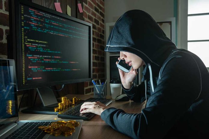 Hacker in hood using computer and phone analyzing code