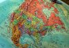 Colorful globe showing North America close up