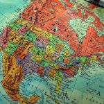 Colorful globe showing North America close up