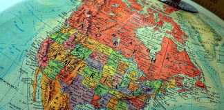 Colorful globe showing North America close up