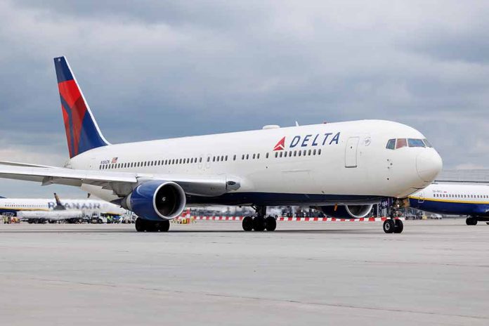 2305553471 featured image Delta Airlines airplane on airport runway, cloudy sky