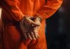 Person in orange jumpsuit with handcuffs behind back