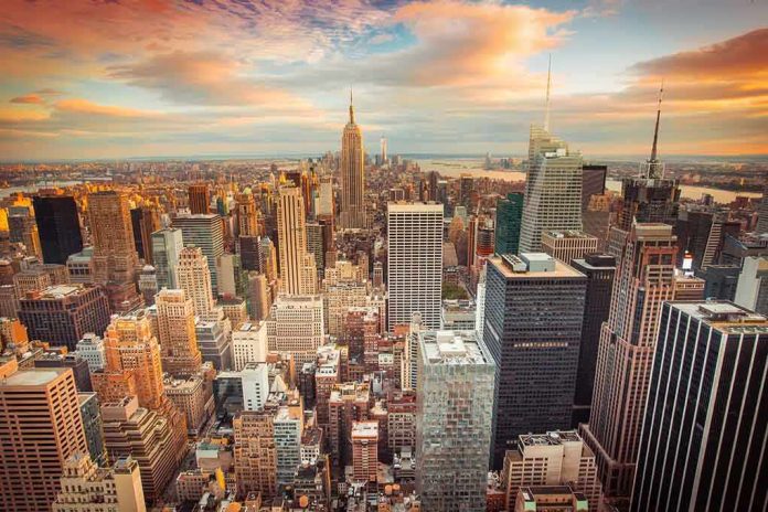 shutterstock_199319276.jpg Aerial view of New York City skyline during sunset with skyscrapers and clouds
