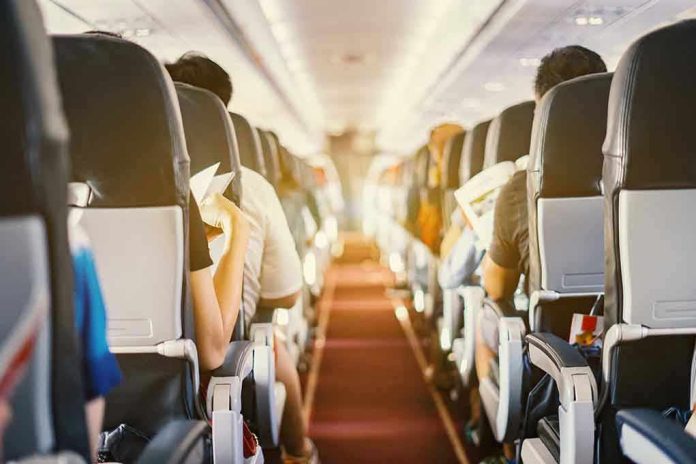 626651186 Passengers seated inside an airplane cabin.