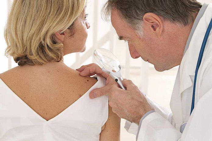 shutterstock_158237975.jpg Doctor examining a patients skin with a magnifying glass