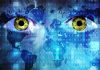 Abstract image featuring human eyes overlaid with binary code and a world map