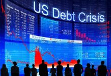 People looking at financial charts displaying US debt crisis.