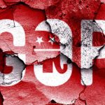 Cracked wall featuring the GOP logo in red and white