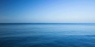 A calm ocean under a clear blue sky