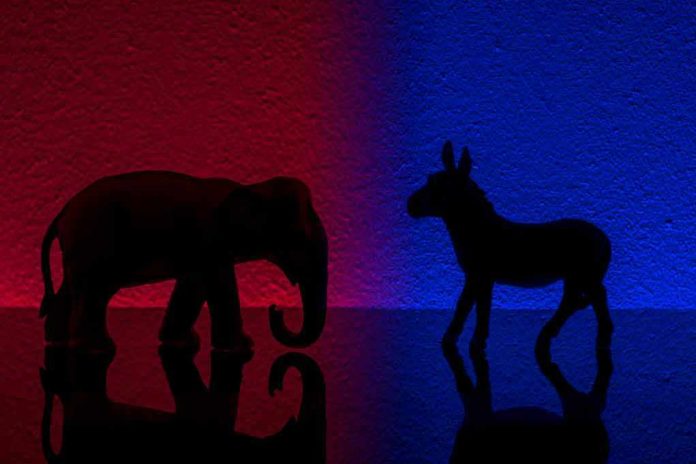466431008 Elephant and donkey silhouettes on red and blue backgrounds.