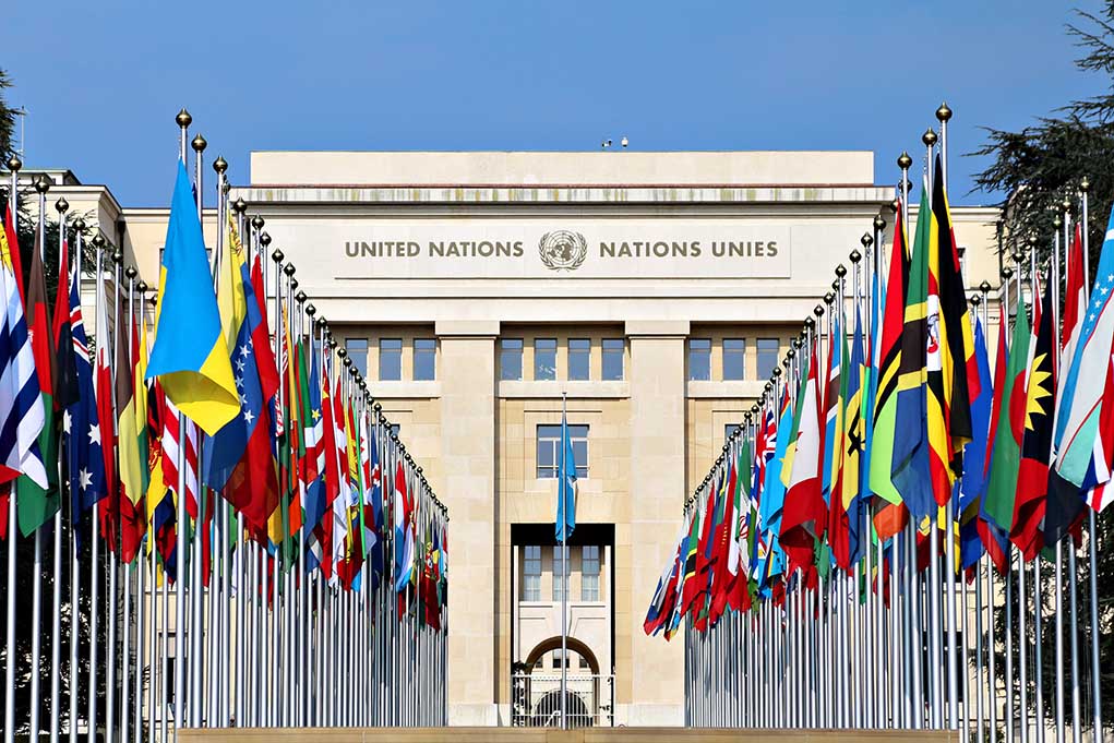 423802144 featured image United Nations building with numerous national flags outside.