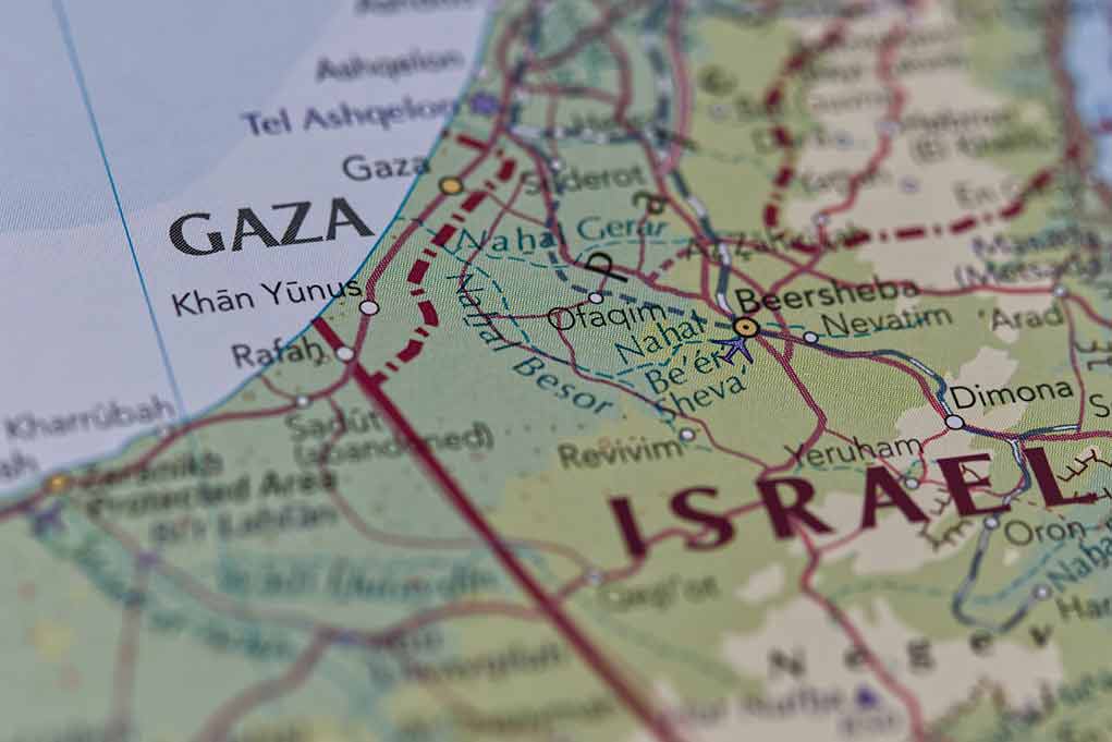 Map showing Gaza Strip and parts of Israel