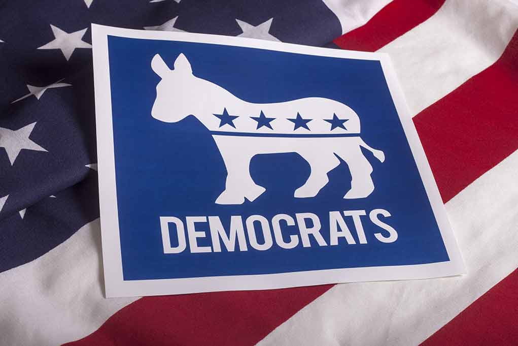 Democrats logo with donkey on American flag background