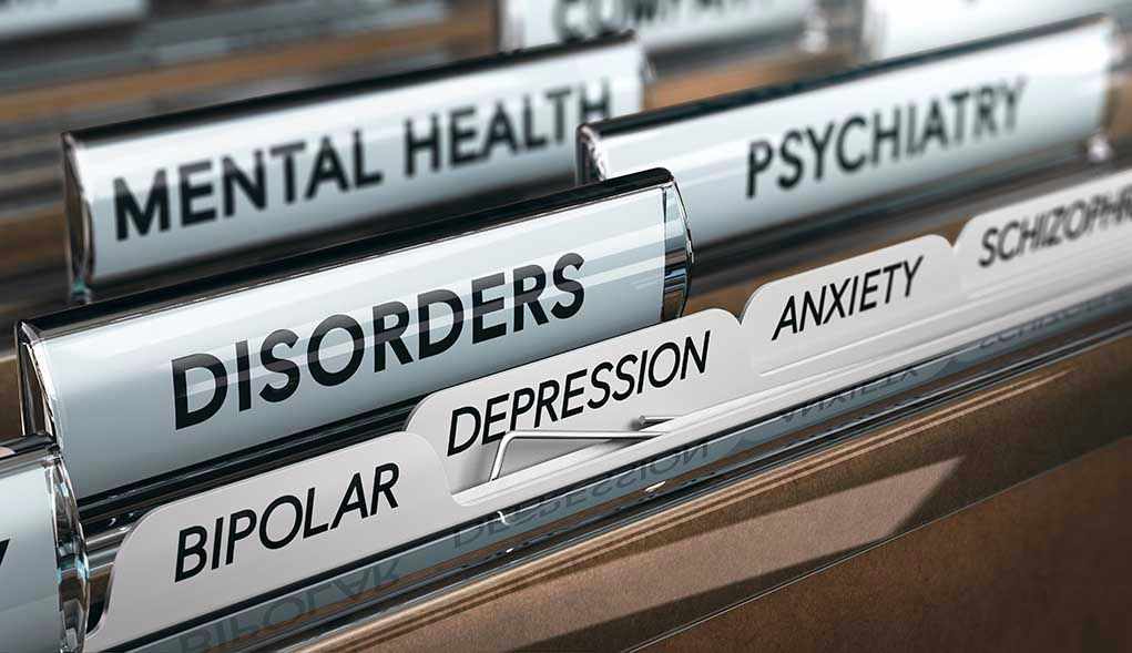 758549185 File folders labeled with mental health disorders and psychiatry.