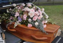 Famous Model Found Dead—Murder Shocks! Coffin with flowers in the back of a hearse.