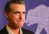 Newsom’s TOP Aide ARRESTED – Money Missing! Man in suit, solemn expression, purple background with bear drawing.