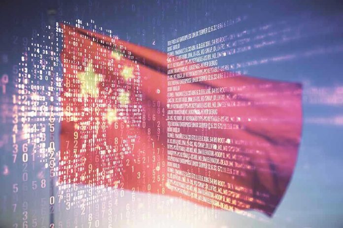 1943756029 Chinese flag over digital code background.