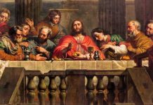 Jesus and disciples seated at a long table.