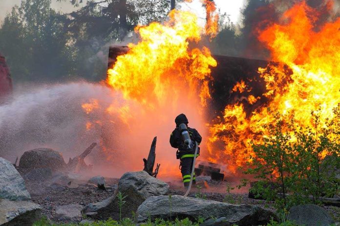 shutterstock_109414631.jpg Firefighter battling a large fire with water spray