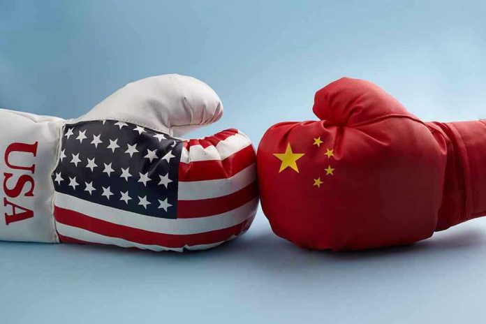 USA and China boxing gloves facing each other.