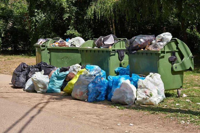 Overflowing garbage bins with bags on the ground.