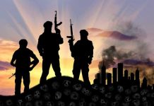 Former Terrorists Crossed Border—Then Vanished Three armed silhouettes near a smoky city skyline.