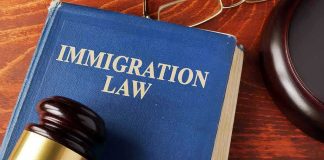 Blue immigration law book with wooden gavel.