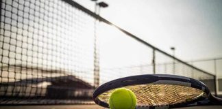 Tennis racket and ball on court near net.