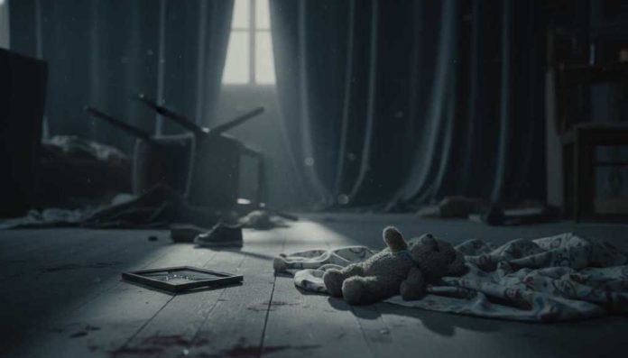 Create a featured image for the article titled: Children Sleep Feet Away During BRUTAL Murders Requirements: - NO text, wo