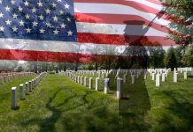 A military cemetery with white gravestones and an American flag overlay, featuring a soldier silhouette