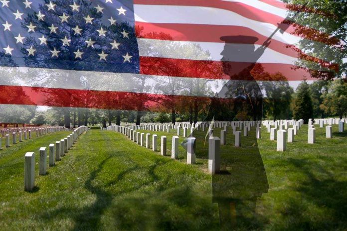 A military cemetery with white gravestones and an American flag overlay, featuring a soldier silhouette
