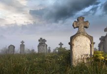 Grave Robber CAUGHT — 100+ Skulls Found Foggy graveyard with tombstones and crosses under a cloudy sky