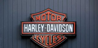 Harley-Davidson Motor Cycles logo on dark wall.
