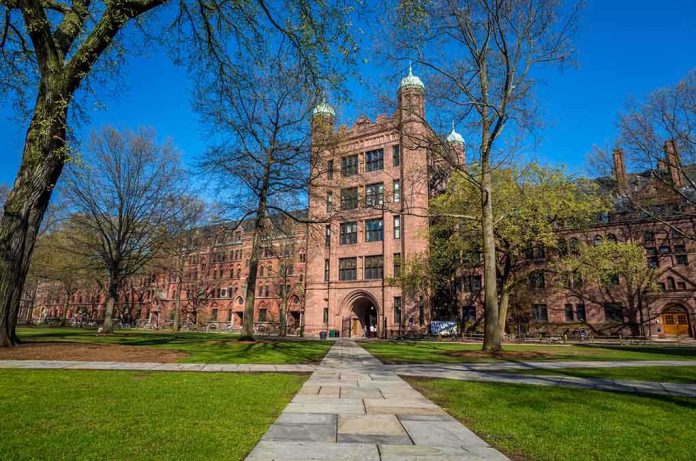 Historic university building surrounded by green grass and trees under a blue sky