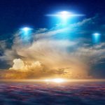 UFO General Vanishes After Trump Order Glowing lights above dramatic sunset clouds.