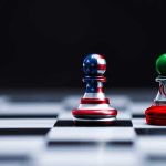 Iran War Erupts—Soldier Picks OTHER Side Chess pieces with USA and Iran flags on board.