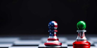 Iran War Erupts—Soldier Picks OTHER Side Chess pieces with USA and Iran flags on board.