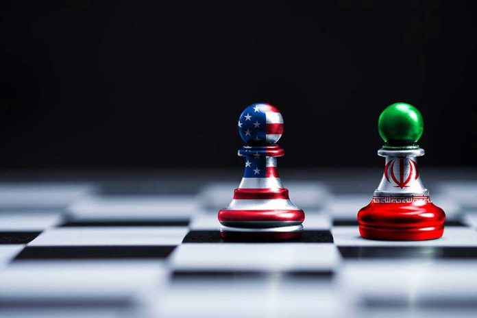 Chess pieces with USA and Iran flags on board.