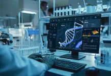 Scientist analyzing DNA on computer in laboratory