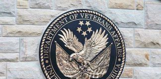 Department of Veterans Affairs seal on brick wall.