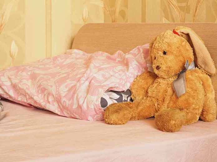 A cozy bedroom scene featuring a stuffed bunny and pink bedding