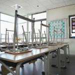 Empty classroom with chairs on top of desks.