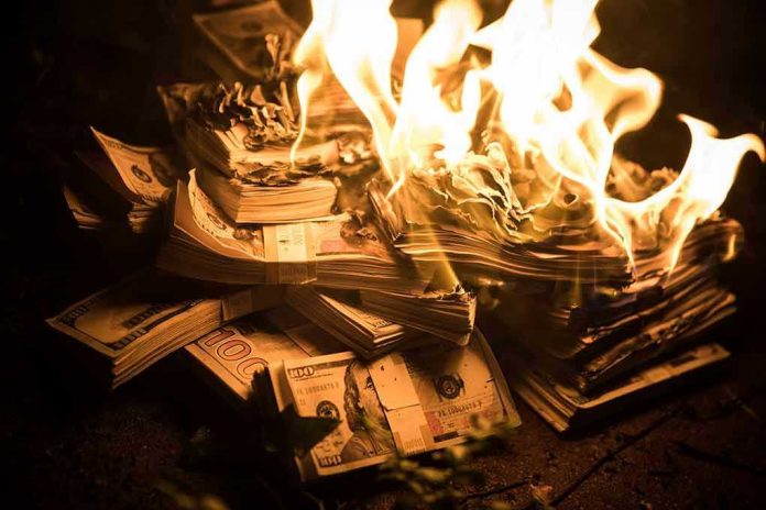 Stacks of hundred dollar bills burning in flames.