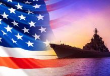 American flag overlaying warship at sunset.