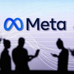 People silhouetted against Meta logo background.