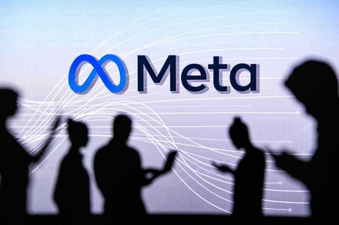 People silhouetted against Meta logo background.
