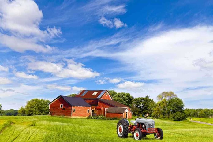 A vintage tractor in front of a red barn on a sunny day